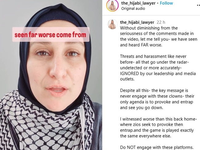 Sydney lawyer Ramia Sultan urged fellow Palestinians not to engage with bloggers, warning it was not safe, after an anti-Semitic video filmed by an Israeli of two NSW nurses claiming they hate Israelis went viral. Picture: Instagram