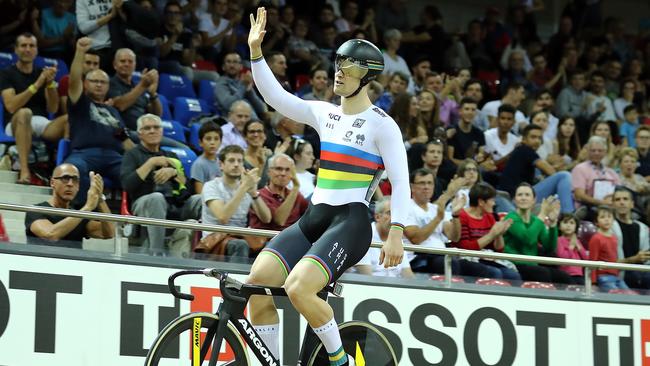 PARIS, FRANCE - OCTOBER 21:  Mathew Glaetzer of Australia celebrates winning the Men's Sprint final at the Velodrome de Saint-Quentin-en-Yvelines on day three of the UCI Track Cycling World Cup on October 21, 2018 in Paris, France.  (Photo by Bryn Lennon/Getty Images)