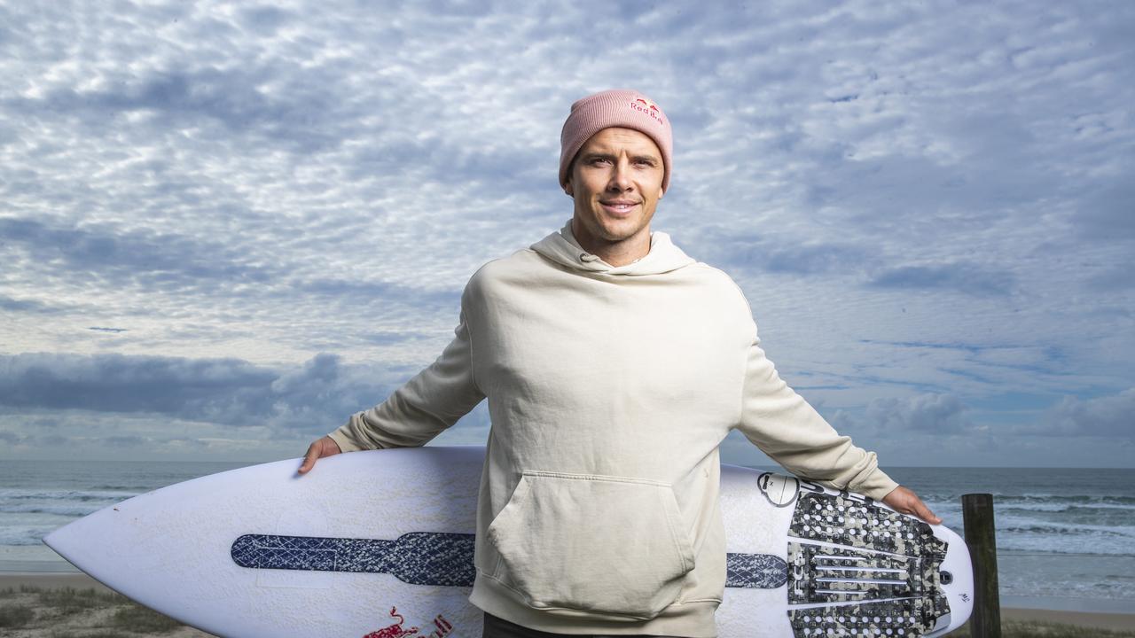 Pro surfer Julian Wilson back in his hometown in Coolum Beach before heading to join the Australian surf team in Japan for the Tokyo Olympics. Picture Lachie Millard