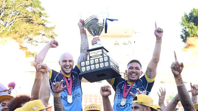 BRISBANE, AUSTRALIA - OCTOBER 10: The Devils players celebrate victory after the 2021 QRL Intrust Super Cup Grand Final match between the Norths Devils and the Wynnum-Manly Seagulls at Moreton Daily Stadium on October 10, 2021, in Brisbane, Australia. (Photo by Bradley Kanaris/Getty Images)