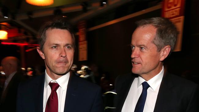 Federal Election 2016 19/5/16: Day 11 of the Federal Election campaign. Opposition leader Bill Shorten with Shadow Minister for Communication Jason Clare about to face questions over a police raid over nbn leaks at the Bankstown Sports Club for after the Go West awards , Bankstown, western Sydney. Pic Lyndon Mechielsen/News Corp.