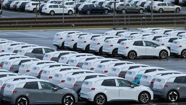 Newly built ID.3 electric cars parked at the Volkswagen factory in Zwickau, Germany. The carmaker is revving up production of the ID.3 at the plant. Picture: Getty Images