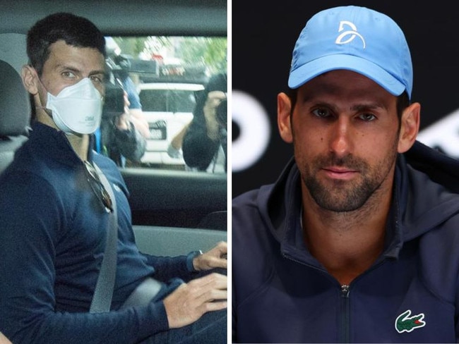 Novak Djokovic in Australia in 2022 and in a press conference. Photos: AAP/Getty Images