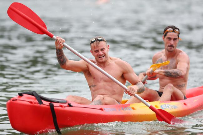 GOLD COAST, AUSTRALIA - JANUARY 23: Brandon Ellis and Alex Sexton during a Gold Coast Suns AFL training session at Palm Beach Parklands on January 23, 2020 in Gold Coast, Australia. (Photo by Chris Hyde/Getty Images)