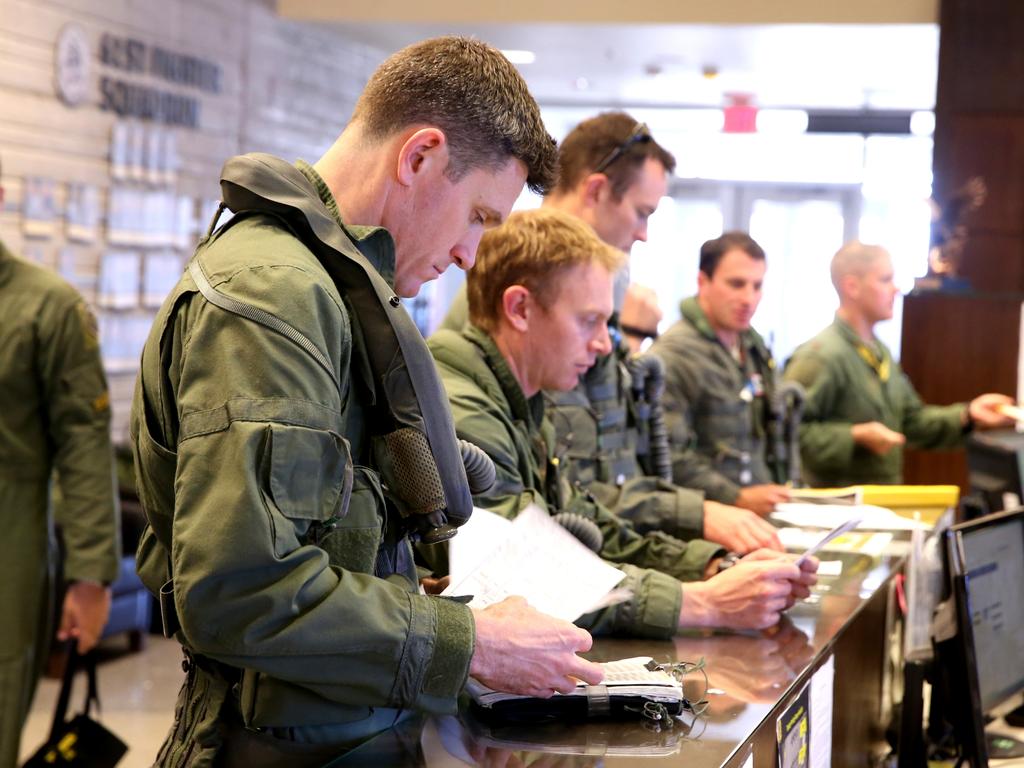 Australian Pilots training in the F35 fighter Jets Luke Airforce Base in Phoenix Arizona. Squadron Leader (far left) before a flight. Picture: Nathan Edwards
