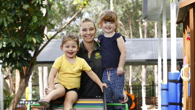 Pictured at Lizzards Preschool and Long Day Care at Hawkesbury Heights in Sydney are 4 year olds Zahli Fitzgerald, Madeleine Doyle and owner of the day care centre Melissa Amirilayeghi. Picture: Richard Dobson