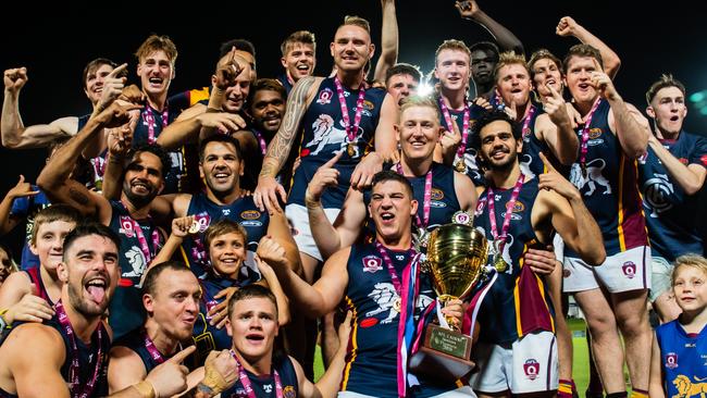 Cairns City Lions Celebrate their 2021 AFL Cairns Grand Final Victory. Picture: Emily Barker.