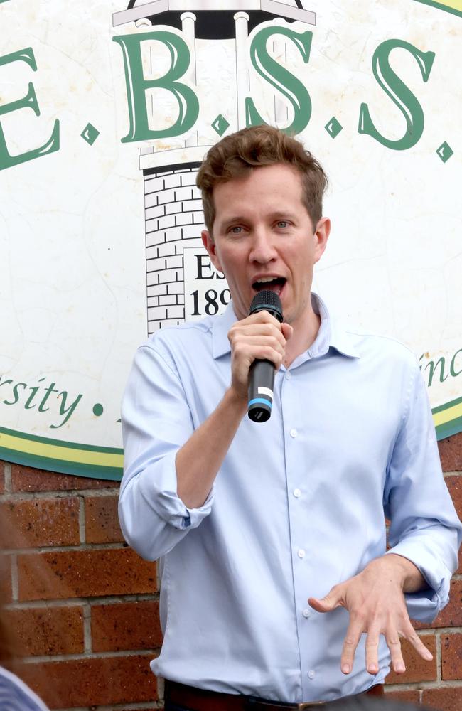 Greens MP Max Chandler-Mather addresses the protesters. Picture: Steve Pohlner