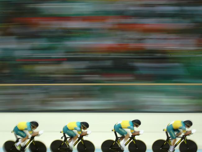 RIO DE JANEIRO, BRAZIL - AUGUST 12: Alexander Edmondson, Michael Hepburn, Callum Scotson and Sam Welsford of Team Australia competes in the Men's Team Pursuit First Round on Day 7 of the Rio 2016 Olympic Games at the Rio Olympic Velodrome on August 12, 2016 in Rio de Janeiro, Brazil. (Photo by Julian Finney/Getty Images)
