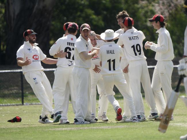 Cricket Southern Bayside preliminary final: South Caulfield v Beaumaris. Beaumaris players celebrate the wicket of  South Caulfield batter Callum Nankervis.  Picture: Valeriu Campan