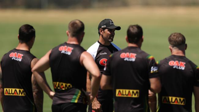 Can the return of assistant coach Trent Barrett (C) be enough to spark Penrith’s attack? Picture: Brett Costello