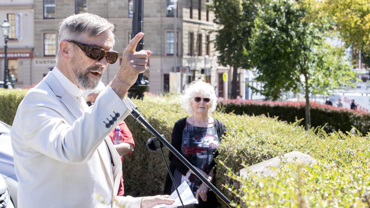 RevJohn Langlois speaks at the Sue Neill- Fraser Support Rally at Parliament lawns, Hobart. Picture: Chris Kidd