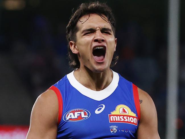 MELBOURNE - June 9 : AFL.   Bulldog Jamarra Ugle-Hagan celebrates a 4th quarter goal during the round 13  AFL match between Western Bulldogs and Port Adelaide at Marvel Stadium, on June 9, 2023, in Melbourne, Australia. Photo by Michael Klein.