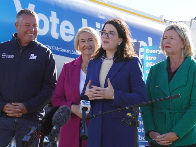 Liberals Mal Hingston, Susie Bower, Clare chandler and Bridget Archer speak to the media at Launceston Airport on Friday, May 2, 2025.