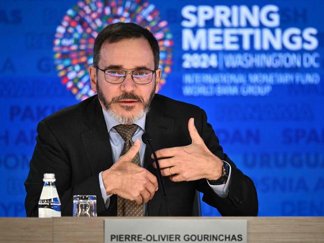 International Monetary Fund (IMF) Chief Economist Pierre-Olivier Gourinchas speaks during a press briefing as the IMF publishes its global economic forecasts at the IMF-World Bank Group spring meetings at IMF headquarters in Washington, DC on April 16, 2024. (Photo by Mandel NGAN / AFP)