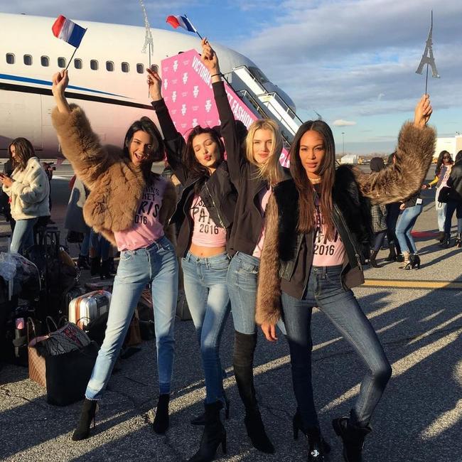 Kendall Jenner, Bella Hadid, Lily Donaldson and Joan Smalls depart for Paris for the 2016 Victoria's Secret Fashion Show on November 27, 2016 in New York City ... 