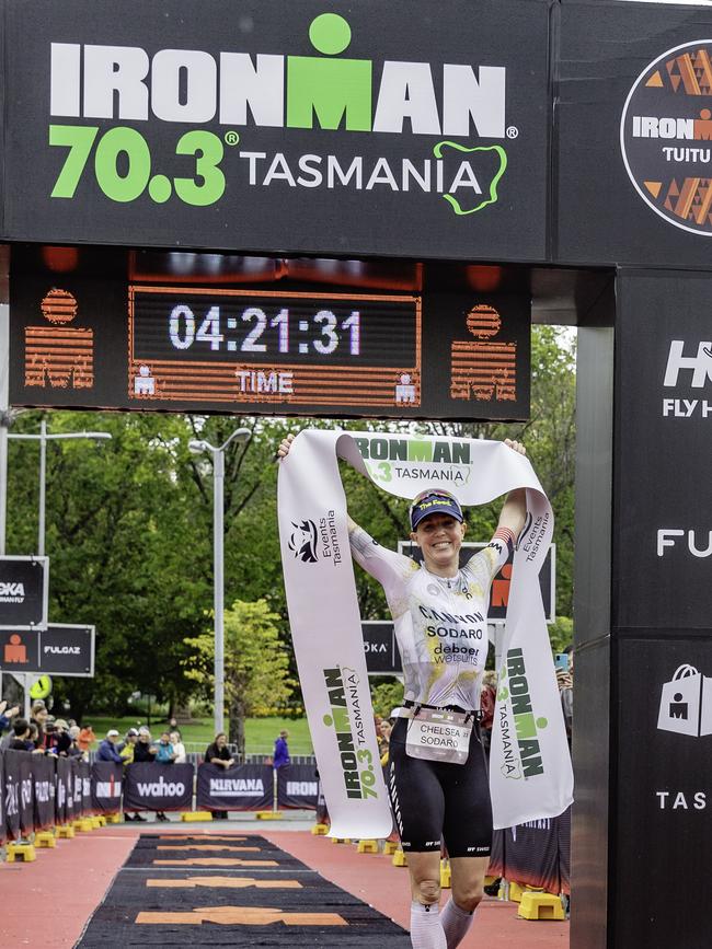 American triathlete Chelsea Sodoro wins the female Ironman 70.3 Tasmania in Hobart on Sunday 4th February 2024. Picture: Linda Higginson