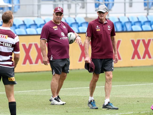 Maroons assistant coach Mal Meninga and coach Wayne Bennett look on during the captain's run. Picture: Getty Images