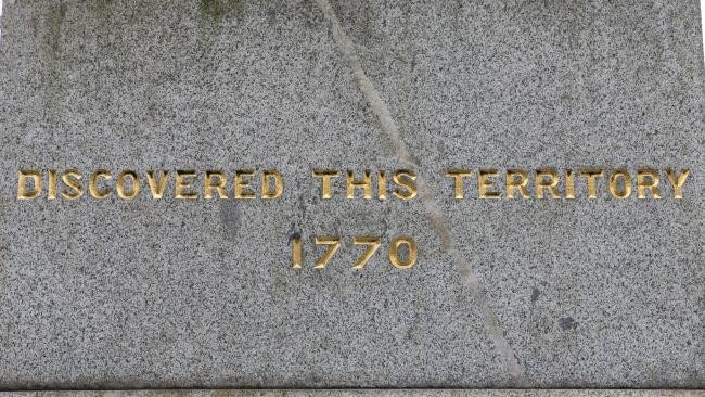 A contentious claim carved into the base of the statue of Captain Cook.