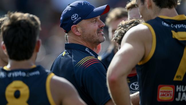 Adelaide coach Matthew Nicks addresses his charges during the practice match against West Coast. Picture: Mark Brake/Getty Images