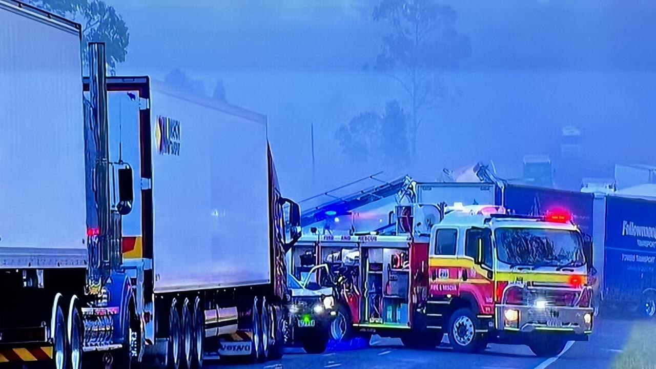 The aftermath of the crash on the Bruce Highway at Gindoran involving B Double trucks. Photo: 7 News