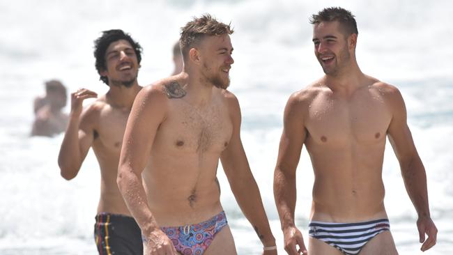 Adelaide Crows players Hugh Greenwood and Myles Poholke take time out on the Gold Coast during the club’s pre-season camp. Picture: Supplied