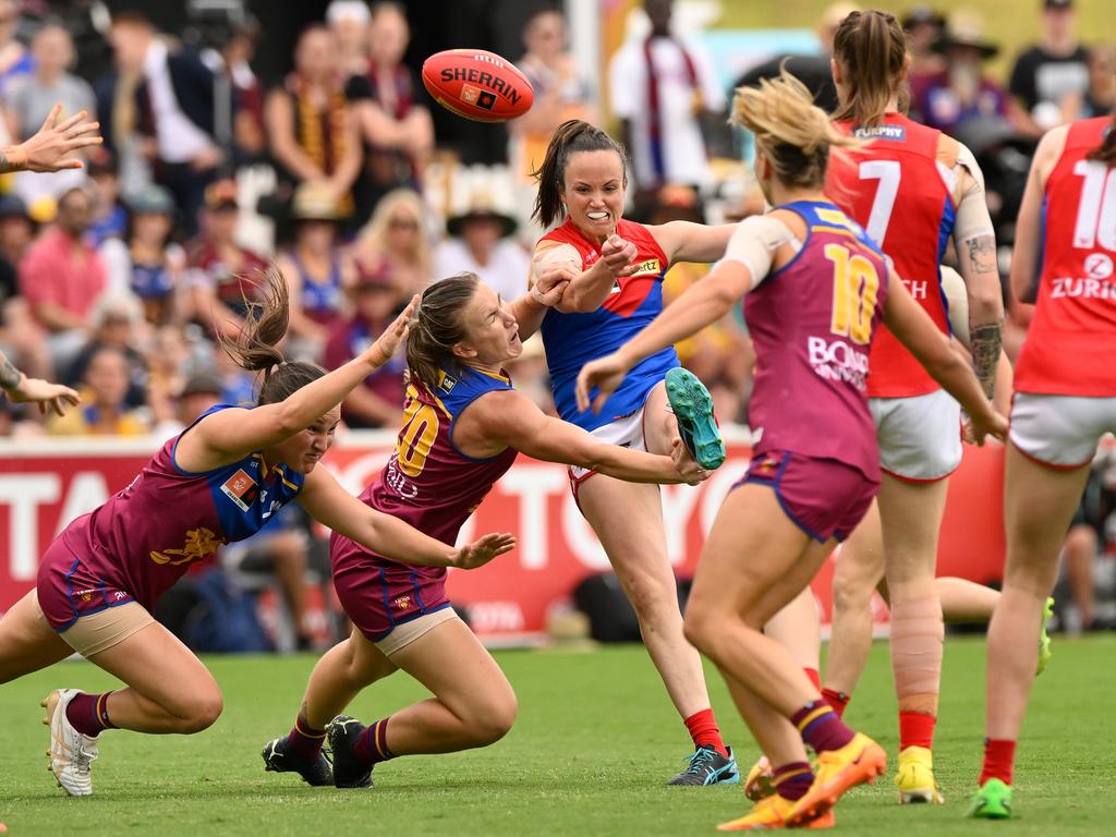 Daisy Pearce of the Demons kicks during the AFLW Grand Final match between the Brisbane Lions and the Melbourne Demons at Brighton Homes Arena on November 27, 2022 in Brisbane, Australia. (Photo by Matt Roberts/AFL Photos/Getty Images)