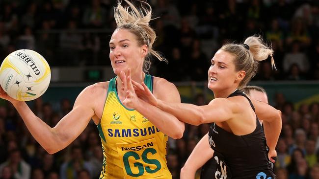 Caitlin Bassett in action against the Silver Ferns during the Netball Quad Series last year. 