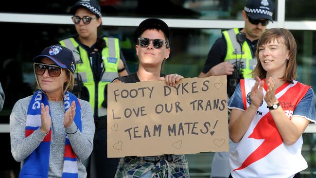 Protesters demonstrate outside AFL House at Docklands. Picture: Andrew Henshaw