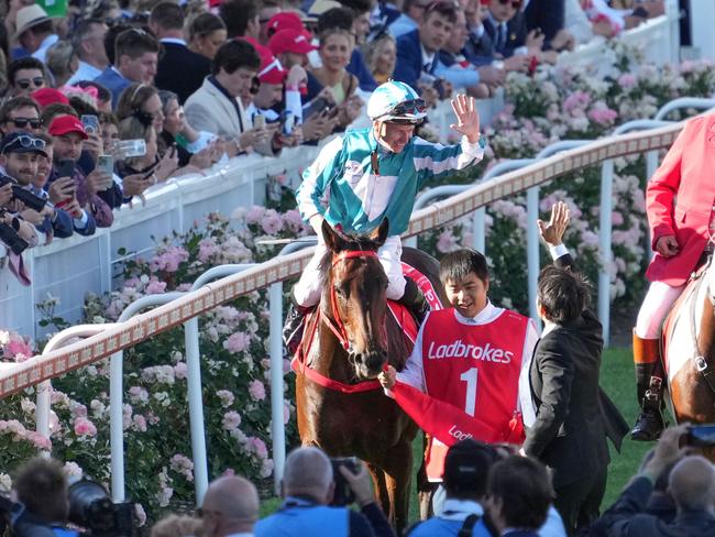 Romantic Warrior (IRE) ridden by James McDonald returns to the mounting yard after winning the Ladbrokes Cox Plate at Moonee Valley Racecourse on October 28, 2023 in Moonee Ponds, Australia. (Photo by Scott Barbour/Racing Photos via Getty Images)