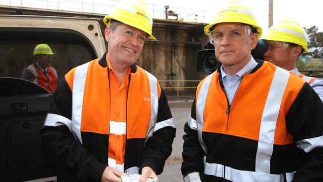 Opposition Leader Bill Shorten with SA Premier Jay Weatherill at the steelworks in Whyalla on Thursday. Picture: Kym Smith