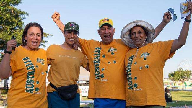 Kornelia Mendes, Tracia, Roland Almeida and Mabel Almeida as thousands of fans gather to watch the Matildas take on England in the World Cup Semifinal at Darwin Waterfront. Picture: Pema Tamang Pakhrin