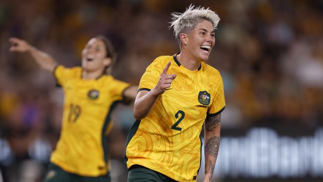 MELBOURNE, AUSTRALIA - FEBRUARY 28: Michelle Heyman of the Matildas celebrates a goal during the AFC Women's Olympic Football Tournament Paris 2024 Asian Qualifier Round 3 match between Australia Matildas and Uzbekistan at Marvel Stadium on February 28, 2024 in Melbourne, Australia. (Photo by Darrian Traynor/Getty Images)