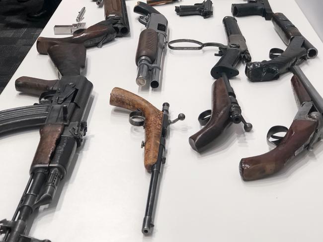 Seized illegal firearms displayed at a police press conference in Melbourne in July 2019. Picture: AAP