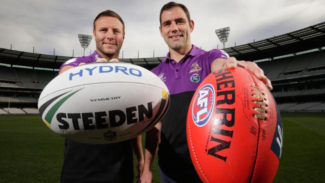 Melbourne men Blake Green and Cameron Smith say forget about the AFL this week, the Storm have the city to themselves. Picture: Getty Images