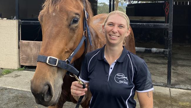 Queensland apprentice jockey Emily Pomfrett is back on the horse as she recovers from a brain injury sustained in a shocking incident earlier this year. Picture: Ben Dorries,