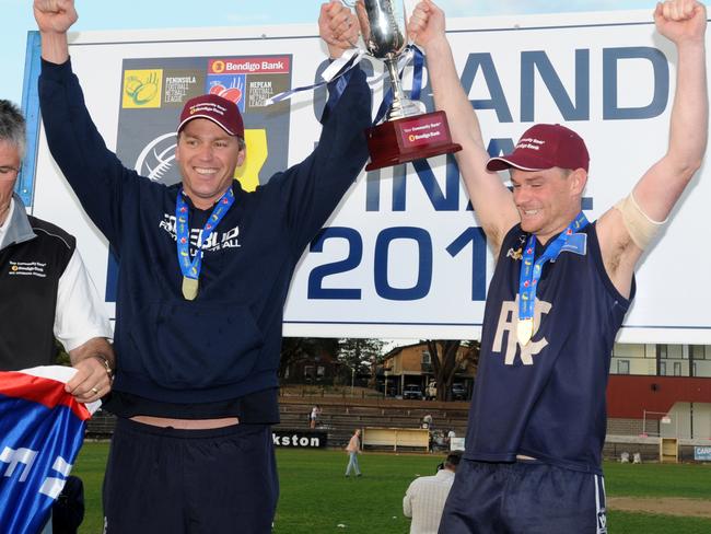 Nepean Grand Final - Rosebud v Somerville at Frankston Oval. Rosebud coach Nick Jewell and Captain Ryan Spooner with the premiership trophy. Picture: Andrew Henshaw