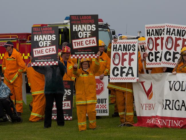 CFA volunteers protest against government changes in Warrnambool. Picture: Paul Moloney