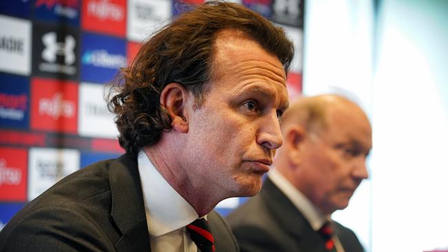 Essendon CEO Xavier Campbell president David Barham face the media on Sunday. Picture: NCA NewsWire / Luis Enrique Ascui