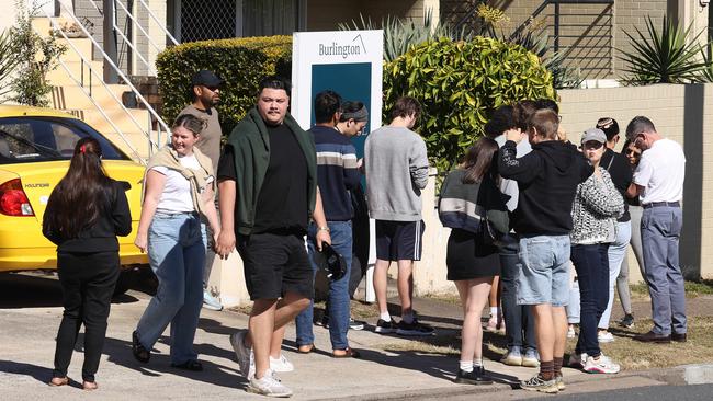 Demand for rental properties in NSW is high, pictured above is a line of people wanting to view a rental property in Paddington in June. Picture: Liam Kidston