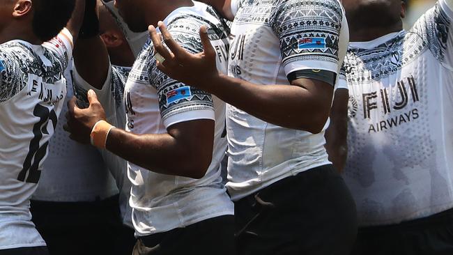 Fiji players come together before their pool match against Wales in the 2020 Sydney Rugby 7s at Bankwest Stadium, Parramatta. Picture: Brett Costello