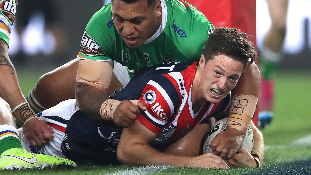 Roosters' Sam Verrills scores a try during the 2019 NRL Grand Final between the Sydney Roosters and Canberra Raiders at ANZ Stadium on 6 October, 2019 in Sydney. Picture. Phil Hillyard