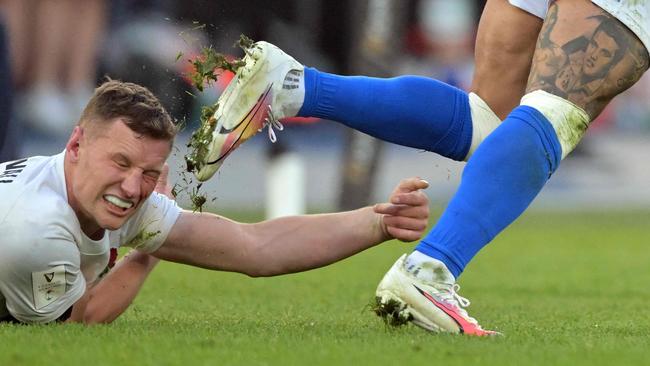 England’s Fraser Dingwall tackles Italy’s Monty Ioane in the Six Nations match at Stadio Olimpico, Rome. Picture: Andreas Solaro/AFP