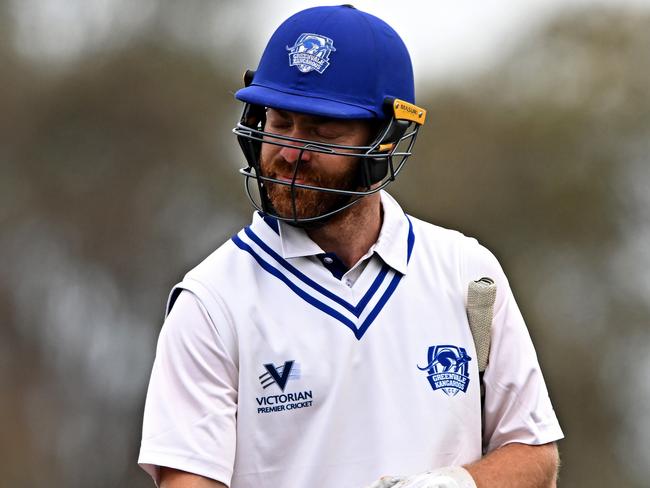 Greenvale KangaroosÃ captain Justin Galeotti is caught out for a golden duck during the Premier Cricket match between Greenvale Kangaroos and Casey-South Melbourne at Greenvale Reserve in Greenvale, Saturday, Oct. 14, 2023. Picture: Andy Brownbill