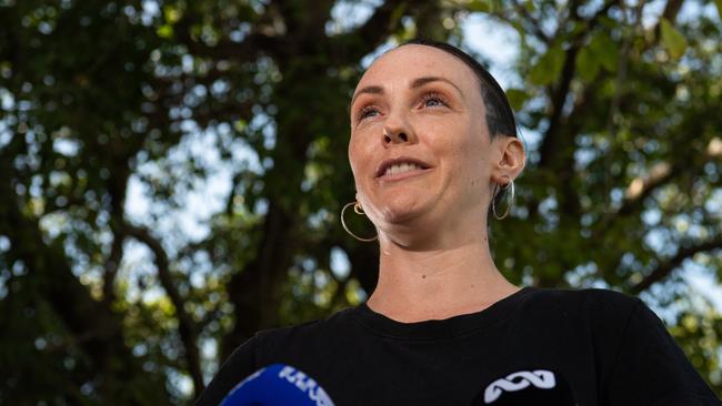 Kat McNamara speaks to media outside Parliament House. Picture: Pema Tamang Pakhrin