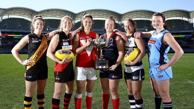 Sturt’s Paxton-Davis Mattner, pictured far right, with the other SANFLW captains from last year. Picture: Sarah Reed