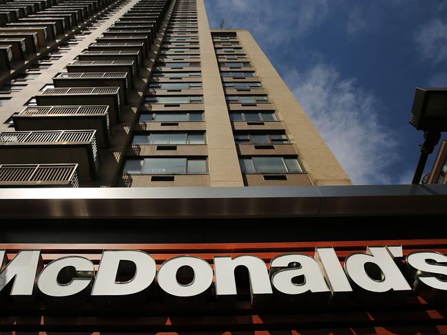 NEW YORK, NY - APRIL 15: A McDonald's sign is wiewed as low wage workers, many in the fast-food industry, join with supporters in front of the store to demand a minimum wage of $15 an hour on April 15, 2015 in New York City. In what organizers are calling the biggest ever mobilization of workers in the U.S., thousands of people took to the streets across the country to stage protests in front of businesses that are paying some of their workers the minimum wage. Home care workers, and employees at Walmart and fast food restaurants say that the current minimum is not a living wage. Spencer Platt/Getty Images/AFP == FOR NEWSPAPERS, INTERNET, TELCOS & TELEVISION USE ONLY ==