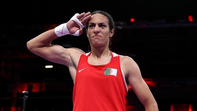 Imane Khelif of Team Algeria celebrates victory against Anna Luca Hamori of Team Hungary after the Women's 66kg quarter-final match. Picture: Richard Pelham/Getty Images