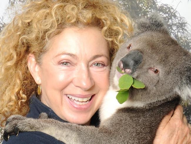 Actress Alex Kingston at Cleland Wildlife Park Scotty the koala certainly enjoyed his little snuggle. Picture: Cleland Wildlife Park