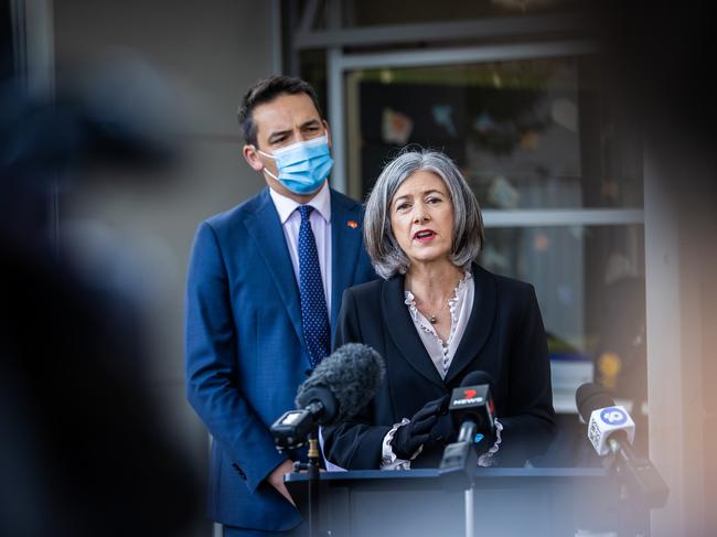 Professor Nicola Spurrier and Education Minister Blair Boyer at a press conference to announce the State Government opening 40 vaccination hubs at school sites across regional and metro South Australia, , at Marryatville Primary School in Kensington. Picture: Tom Huntley